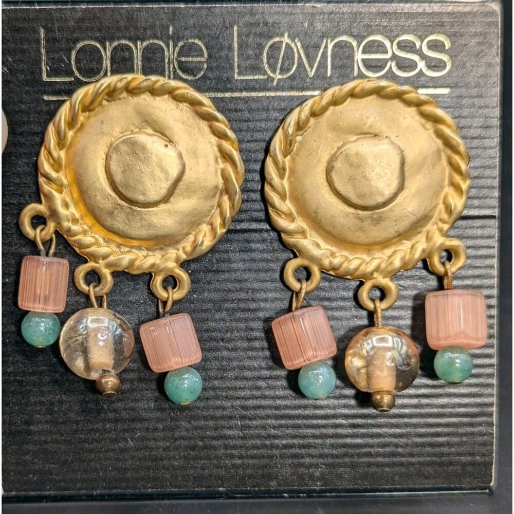 Vintage Lonnie Lovness Gold Tone Pink & Blue Glass Bead Earrings
